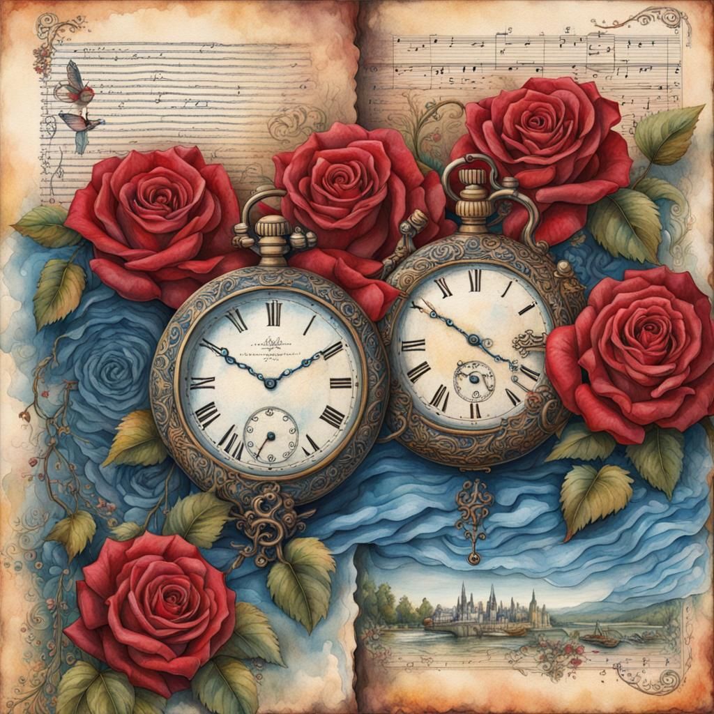 Musical Newspaper with Roses, Watch and River, Watercolor