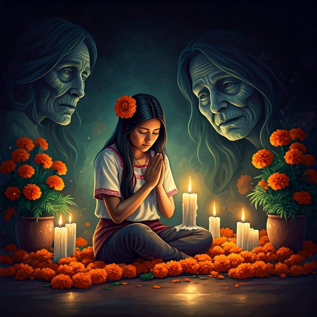 Day of the Dead: Woman Praying Surrounded by Ancestors
