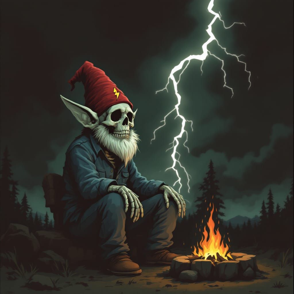 Skeletal Gnome by Campfire in Animated Comic Style