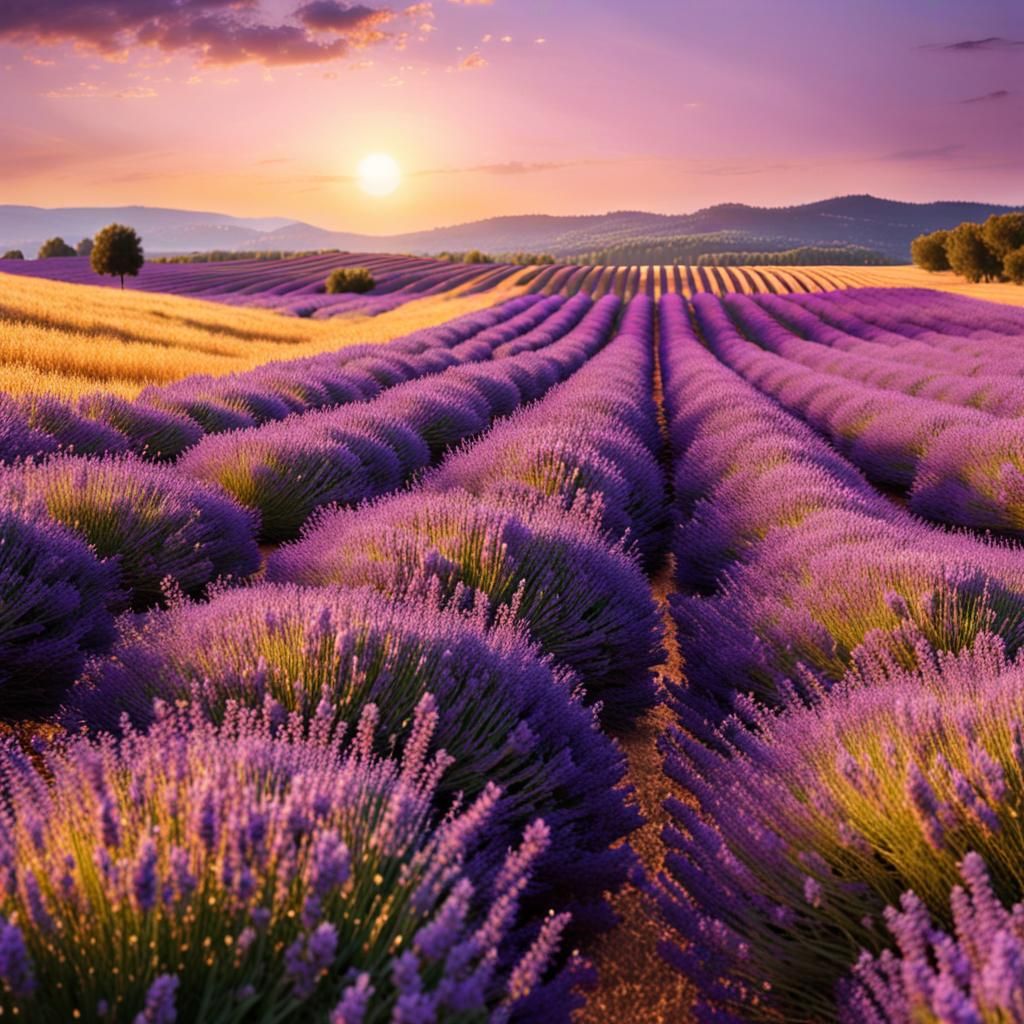Vibrant Lavender Field at Sunset: Hyper-Realistic Photograph...