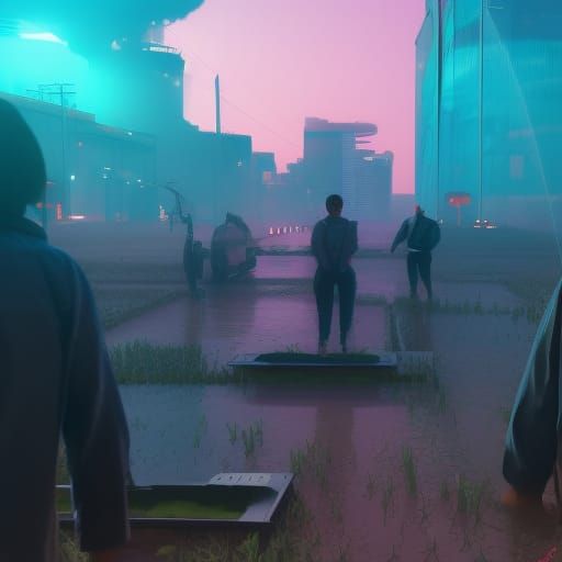 Cyberpunk Rice Field of the Future in Neon Style