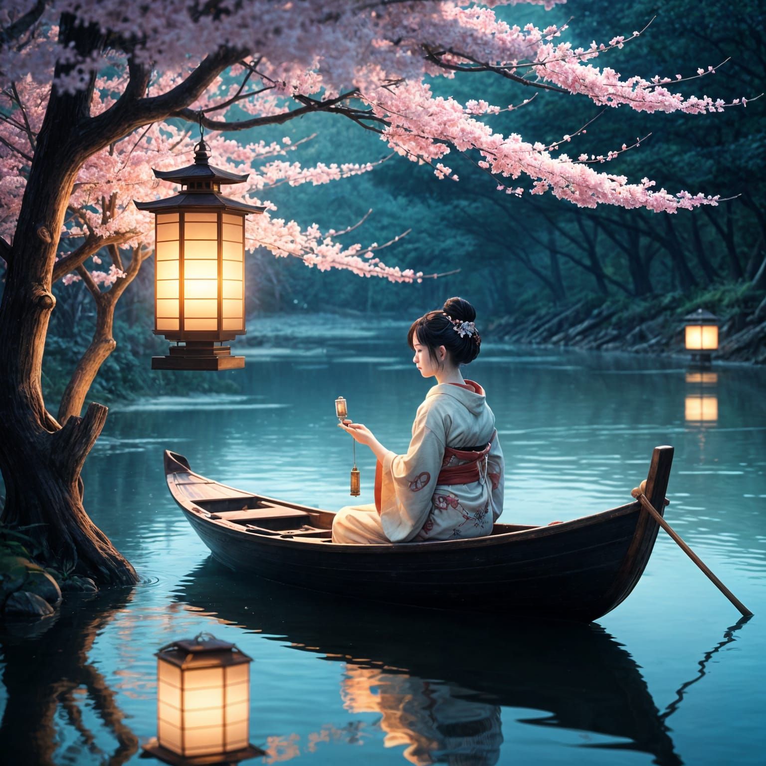 Serene Anime Geisha on a Moonlit River