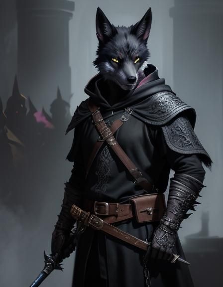 Black Fox Lycan Rogue in Dark Tavern, Digital Art