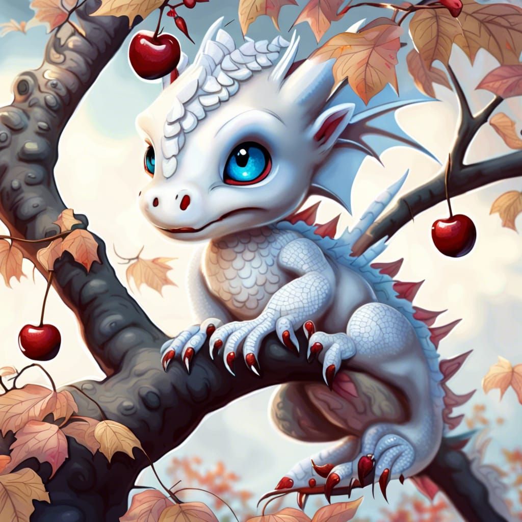 Baby Dragon Picking Cherries in Autumn