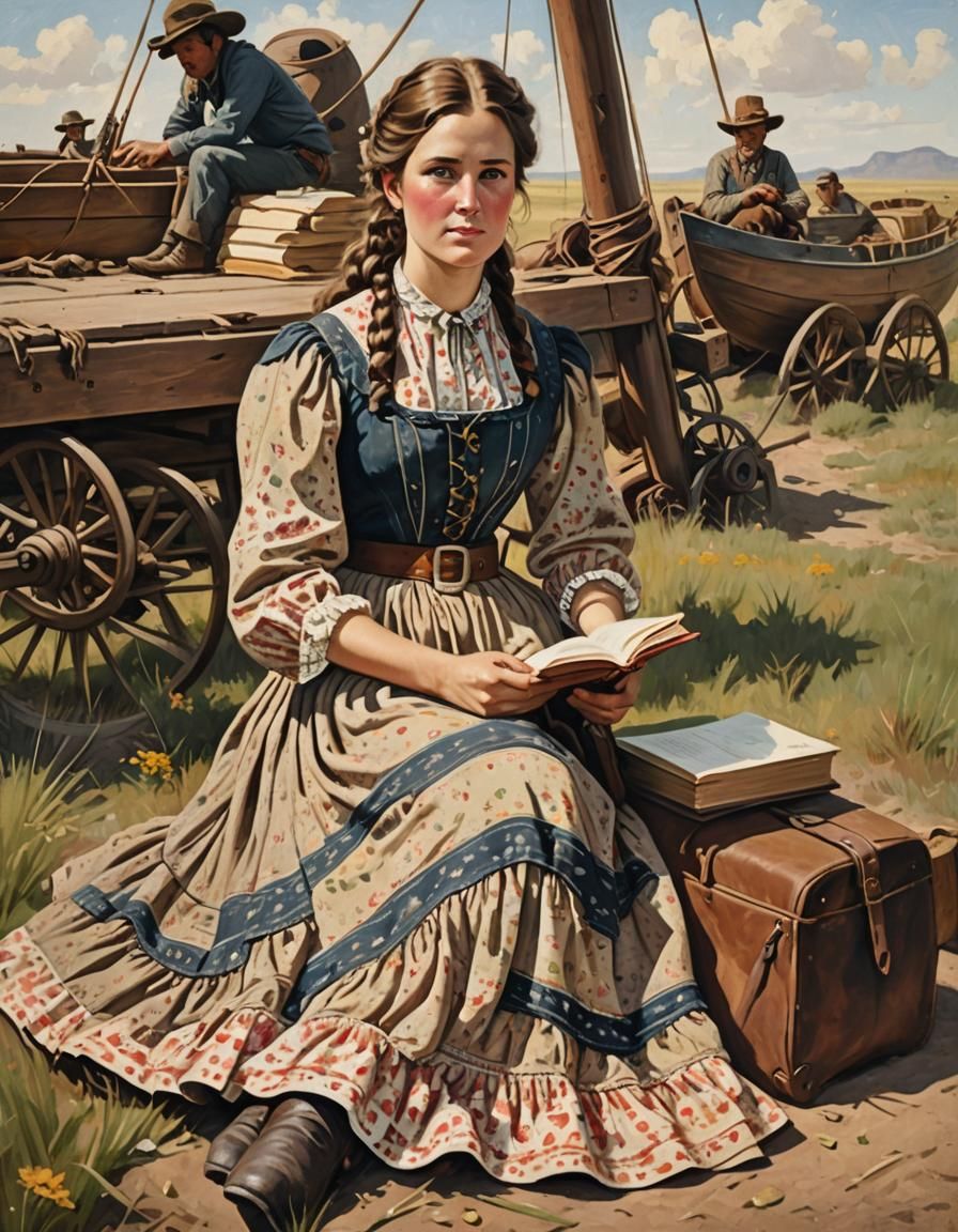 Pioneer Woman Reading by Covered Wagon: Oil Painting