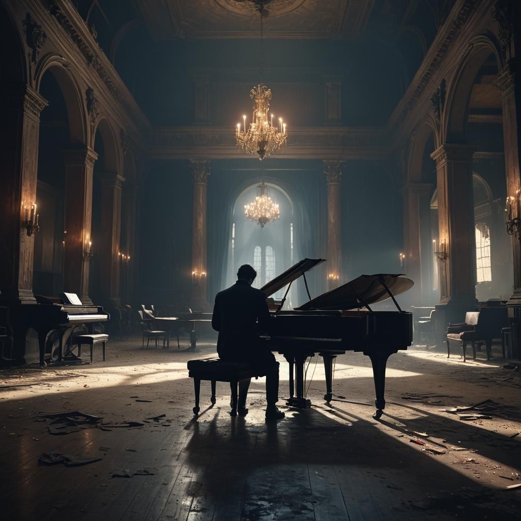 Pianist in Abandoned Hall: Dark Cinematic Concept Art