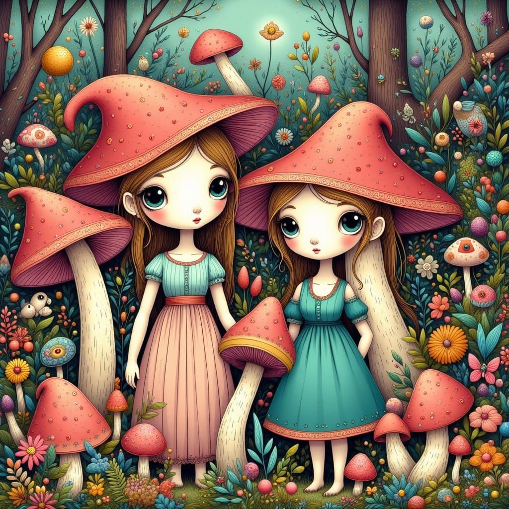 Whimsical Mushroom Characters in Forest Setting