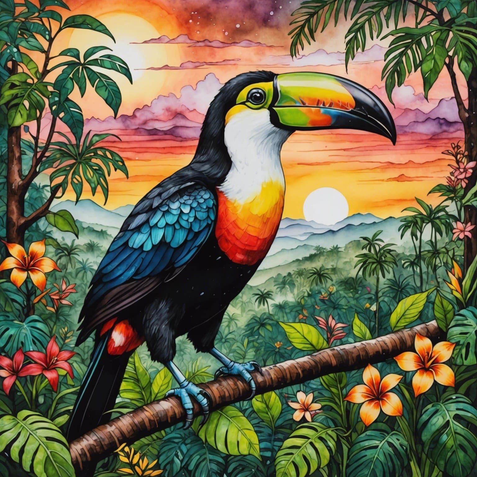 Vibrant Toucan in Rainforest: Alcohol Ink Drawing