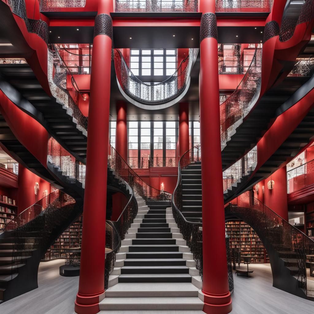 Modern Bookstore Interior with Sweeping Staircases