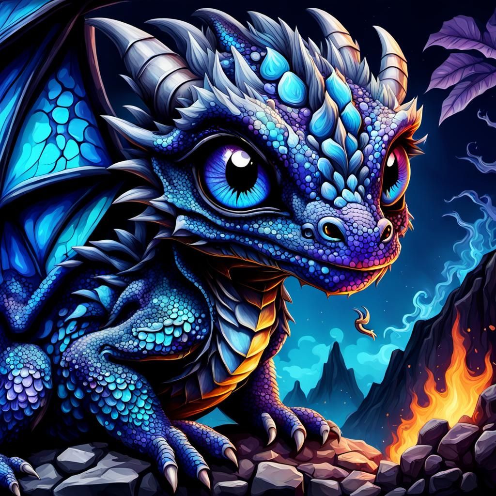 Adorable Baby Dragon with Blue Eyes in Graffiti Art