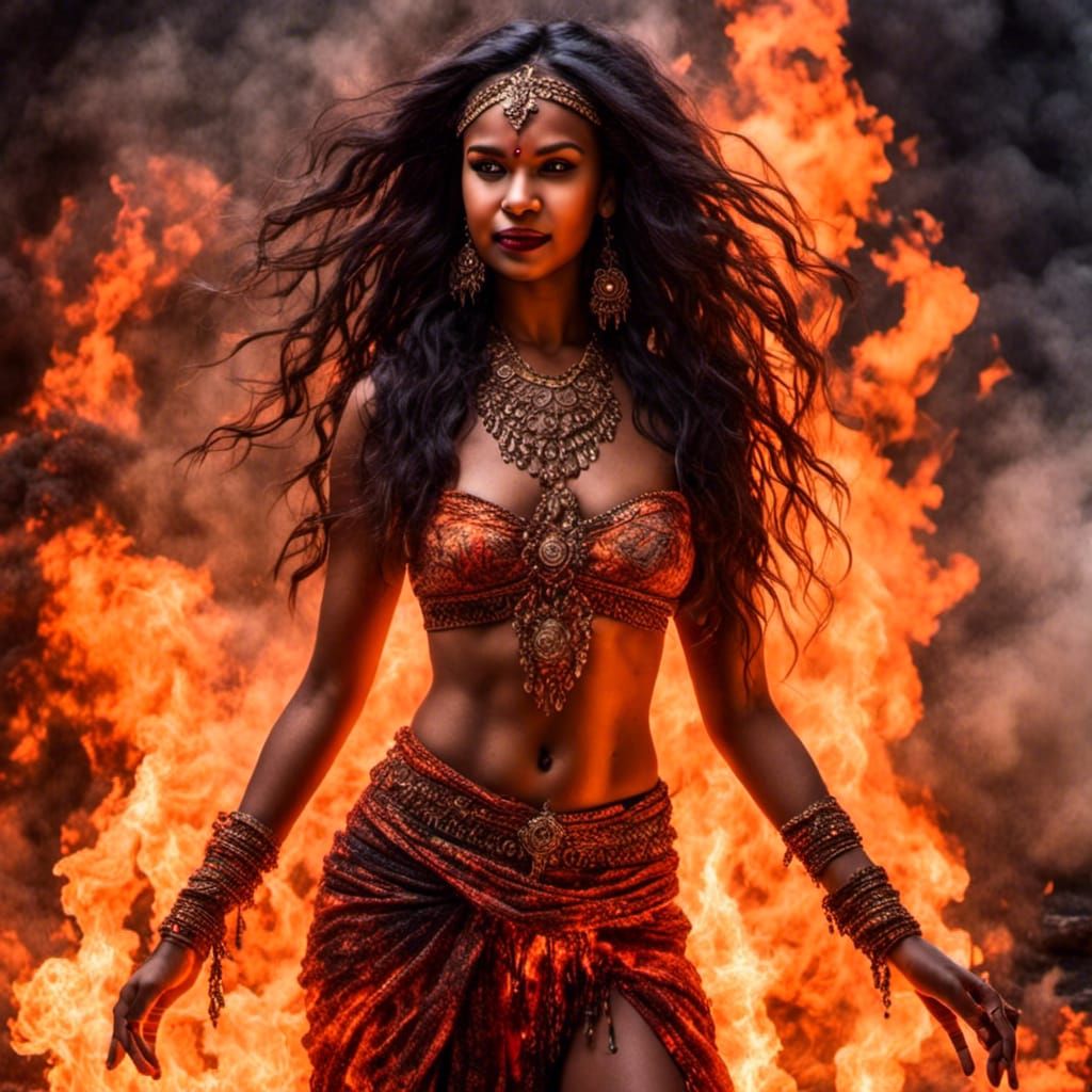 Indian Fire Sorceress Portrait Surrounded by Flames