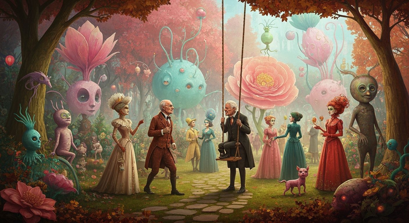 Grandfather and Grandchild on a Swing: Fantasy Concept Art