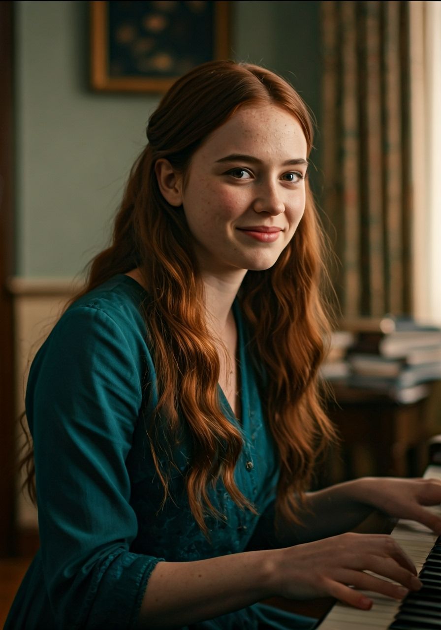 1800s Girl Plays Piano in Teal Dress