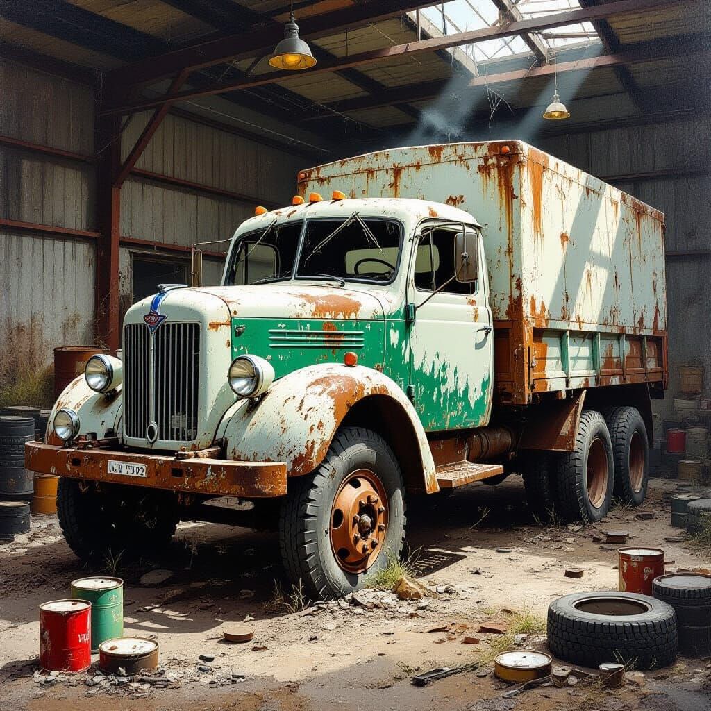 Abandoned 1940s Volvo Truck in Dusty Workshop Oil Painting