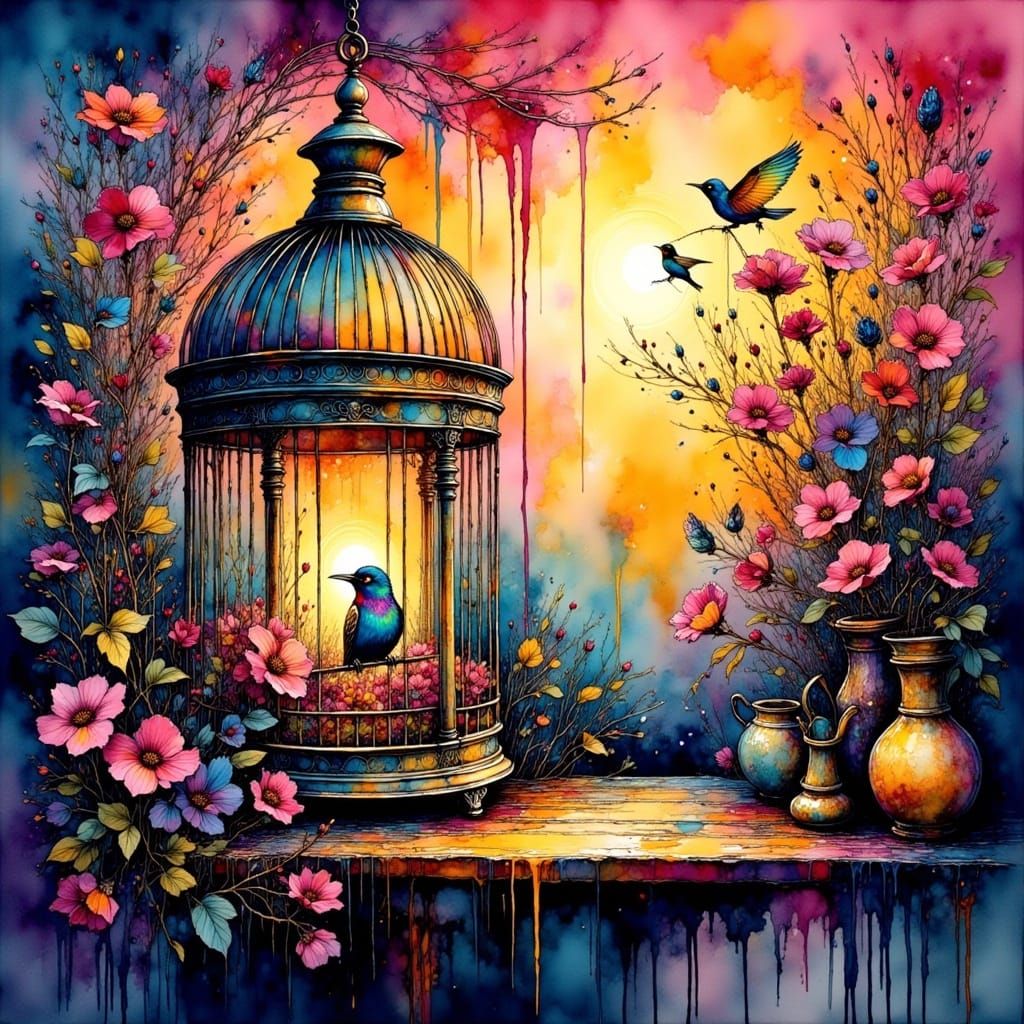Vibrant Bird Cage Oil Painting in Neo-Impressionist Style