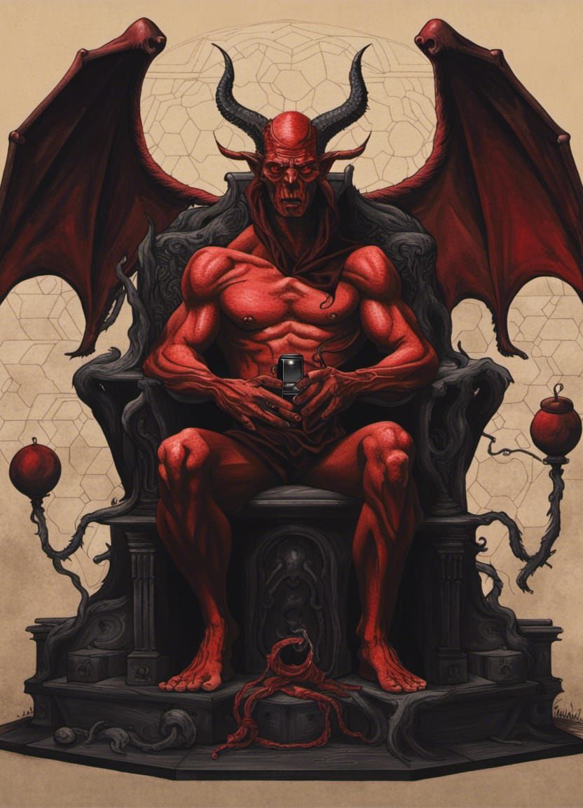 Satan on Hexagonal Throne Holding Black Cube