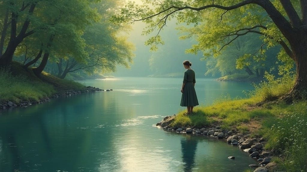 Contemplative Figure by Serene Waters in Impressionist Style