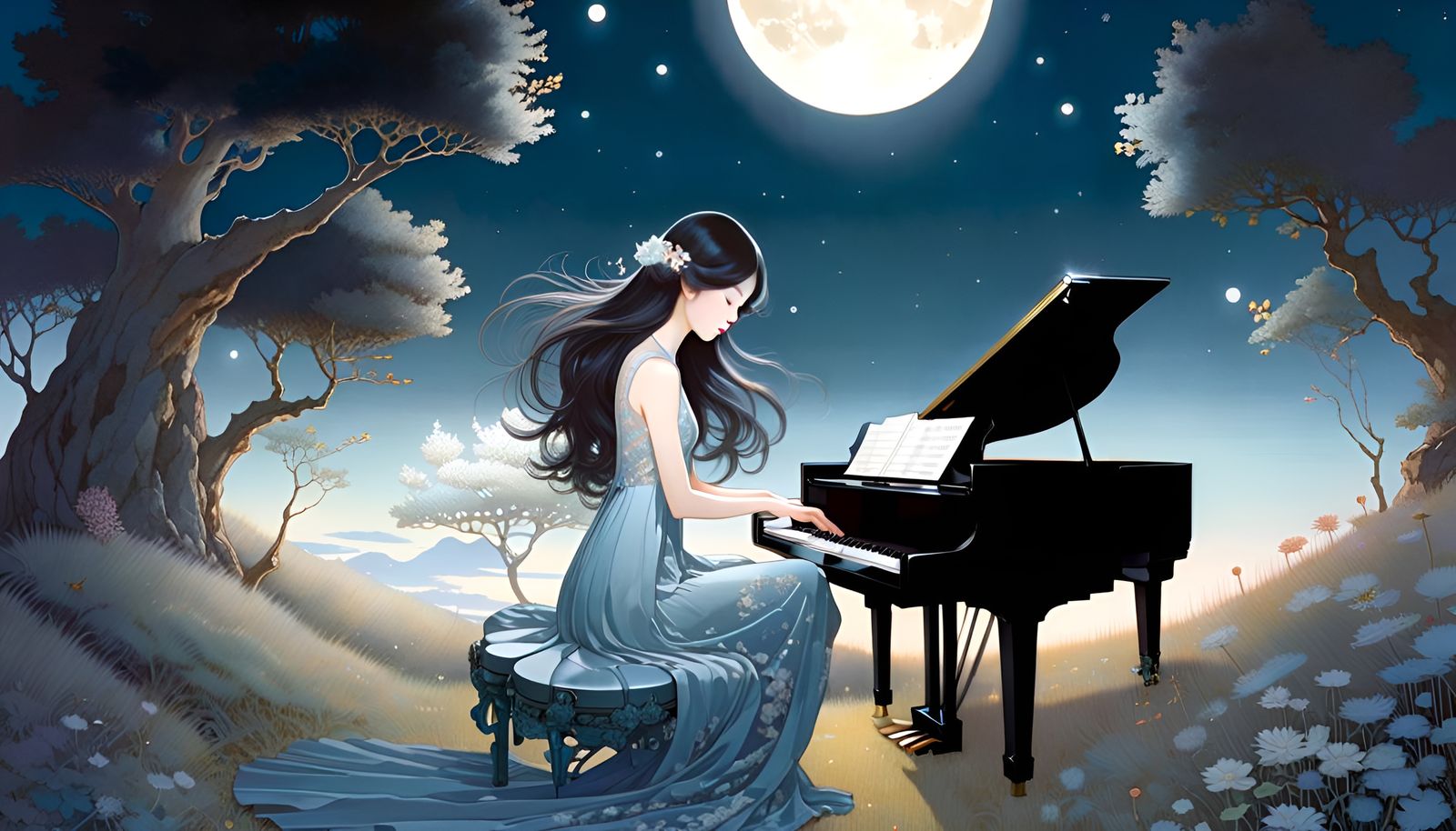 Moonlight Piano Performance in Whimsical Style