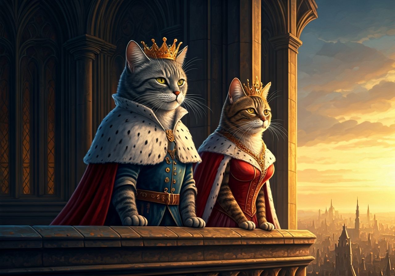 King and Queen Cats on Castle Crenellations at Sundown
