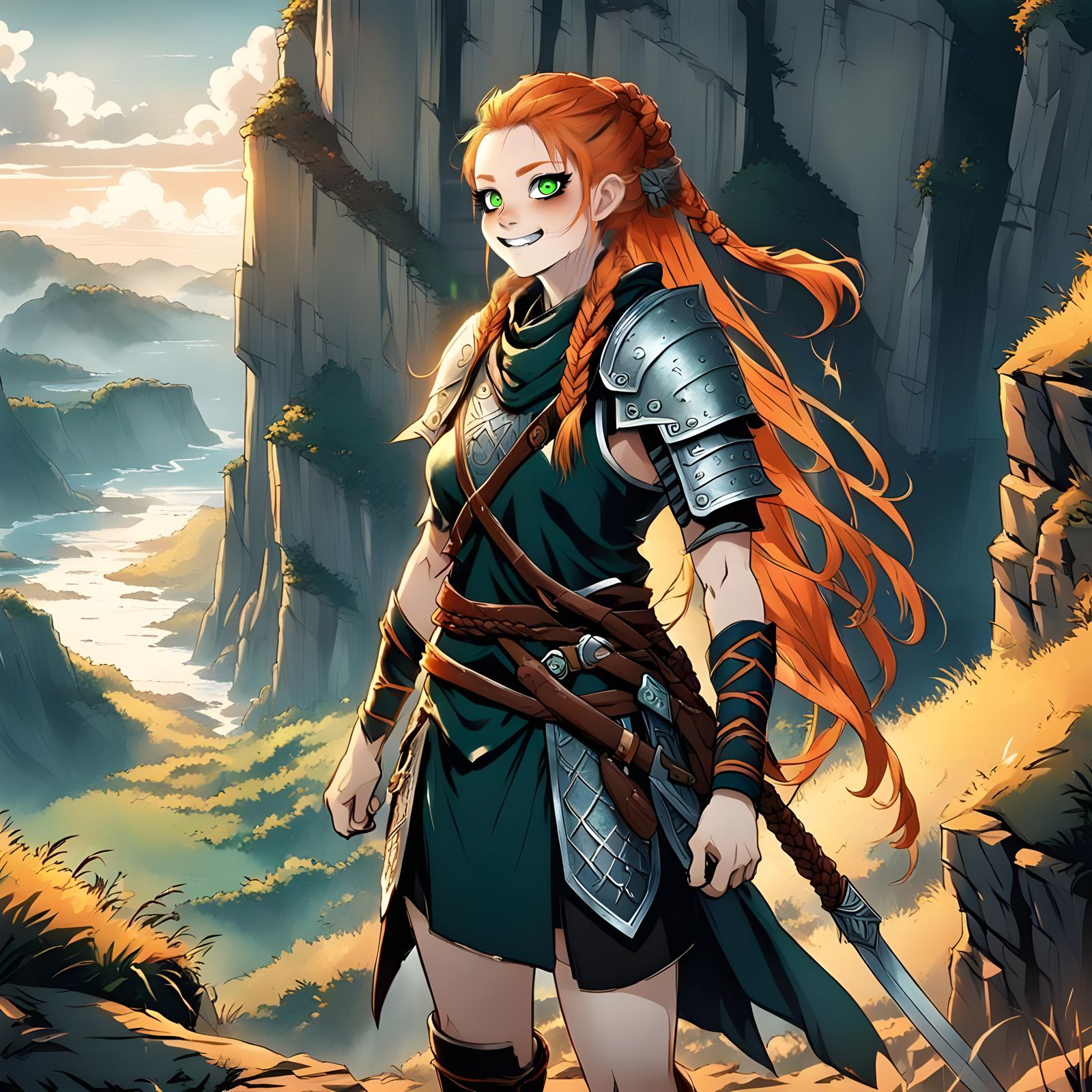 Anime Norse Shieldmaiden on a Cliff Edge