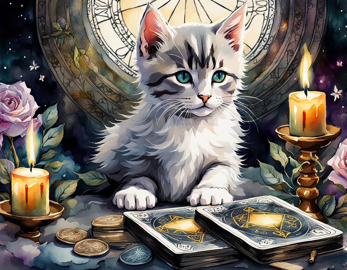 Dreamy Kitten Psychic Tarot Card Illustration