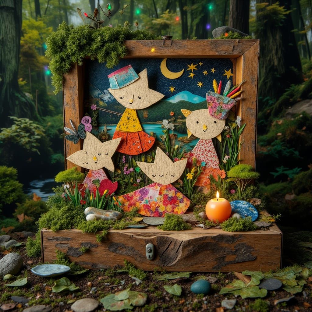 Collage Artwork Family of Shining Stars in Forest