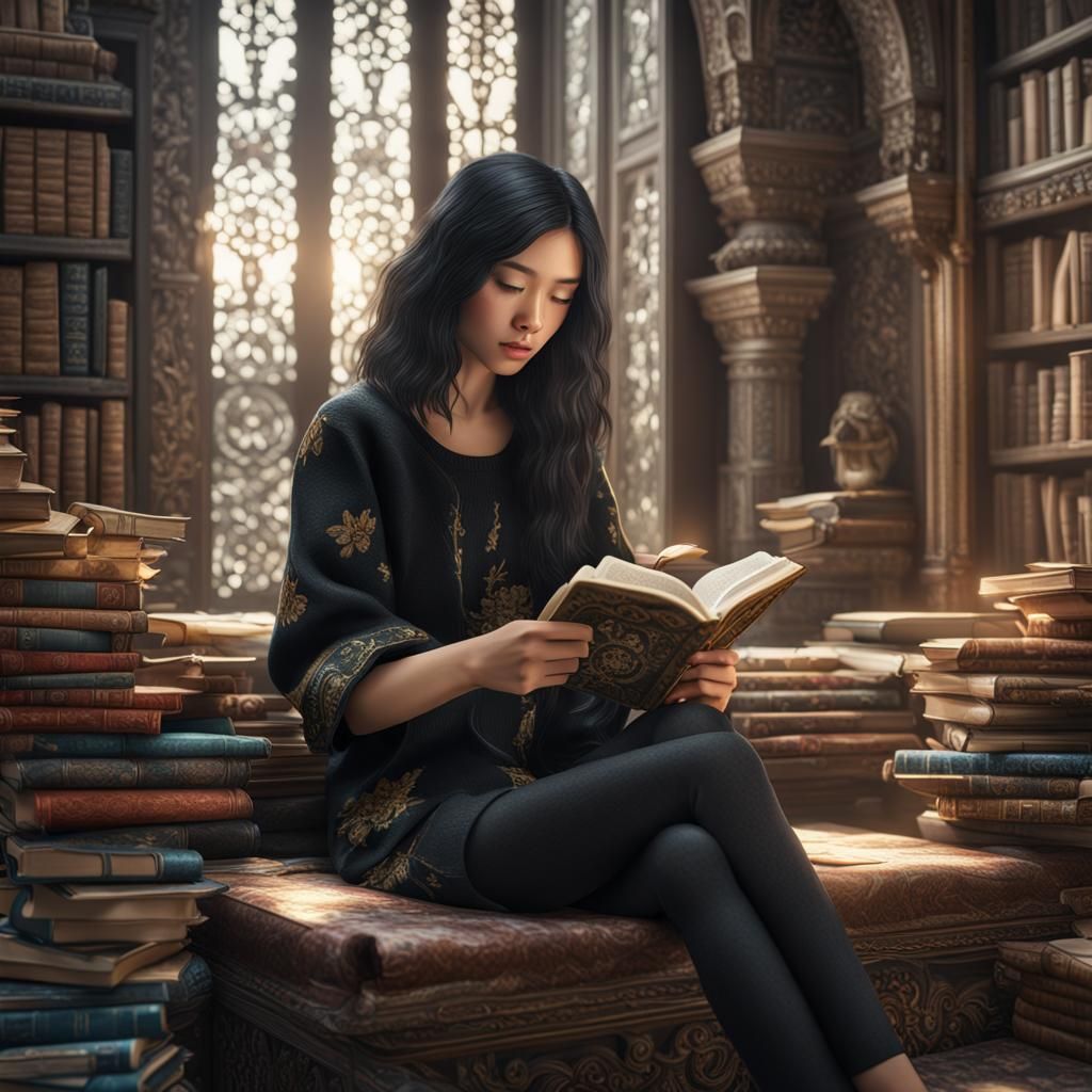 Young Woman Reading Book in Detailed Realism