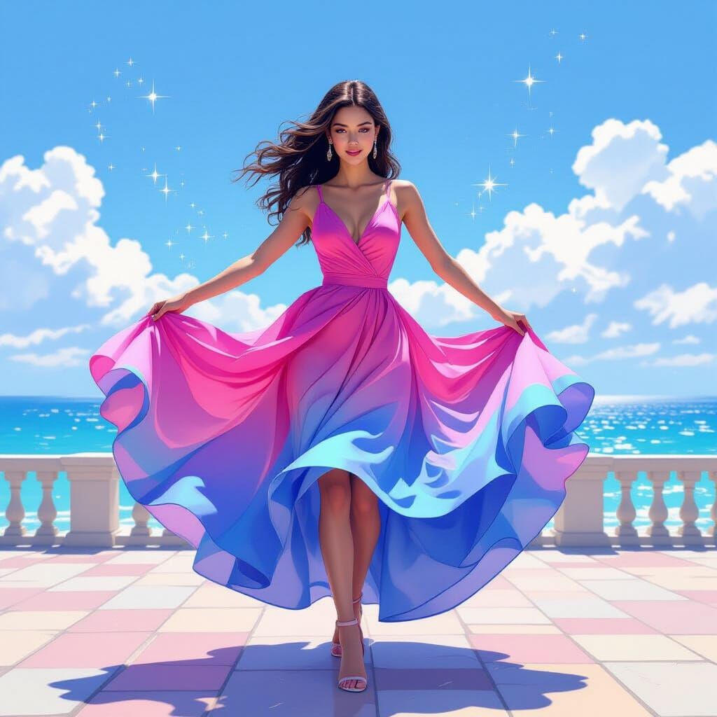 Woman Dancing by the Sea in Flowing Pink and Blue Dress