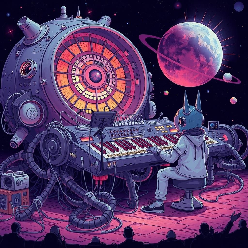 Glowing Synth: Alien Maestro Illuminates the Cosmos