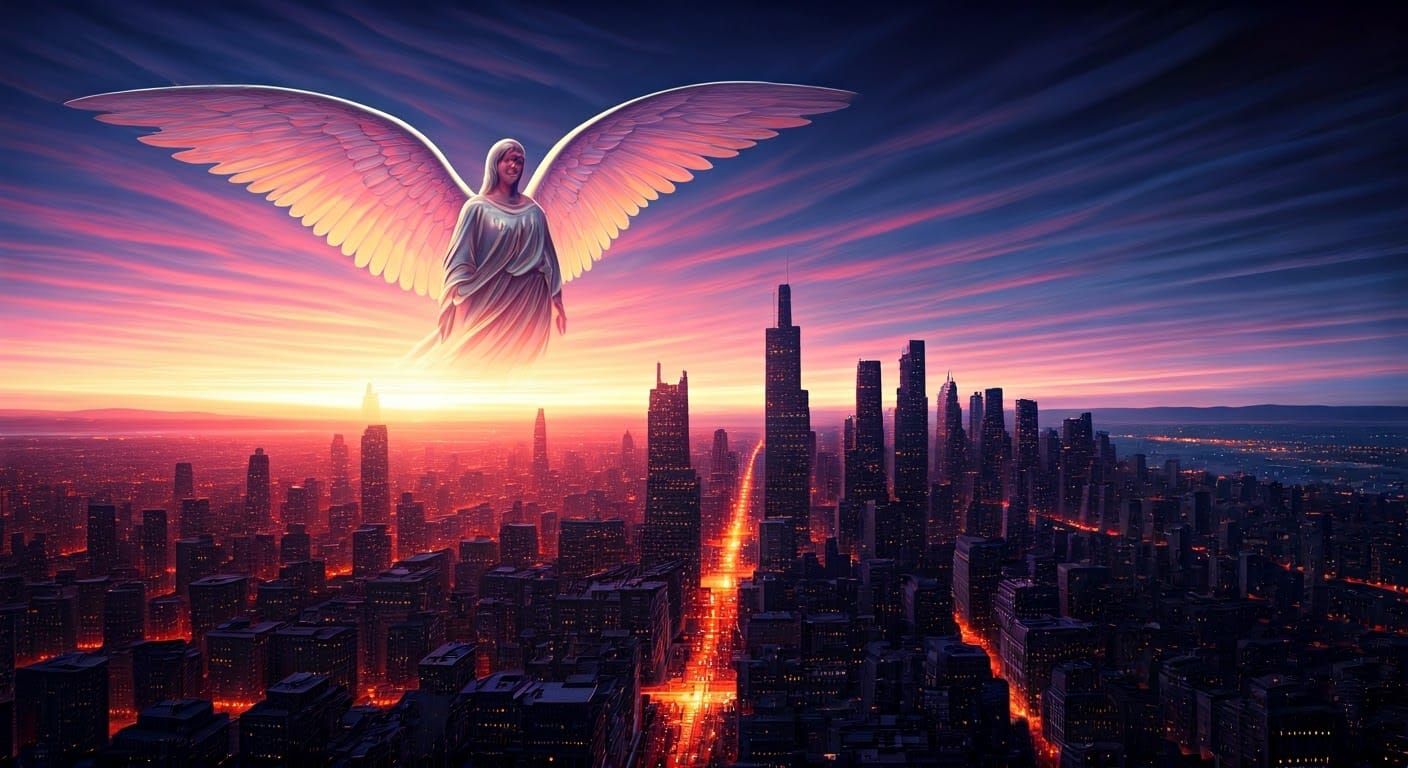 Angelic Cityscape at Dusk: A Surreal Vision