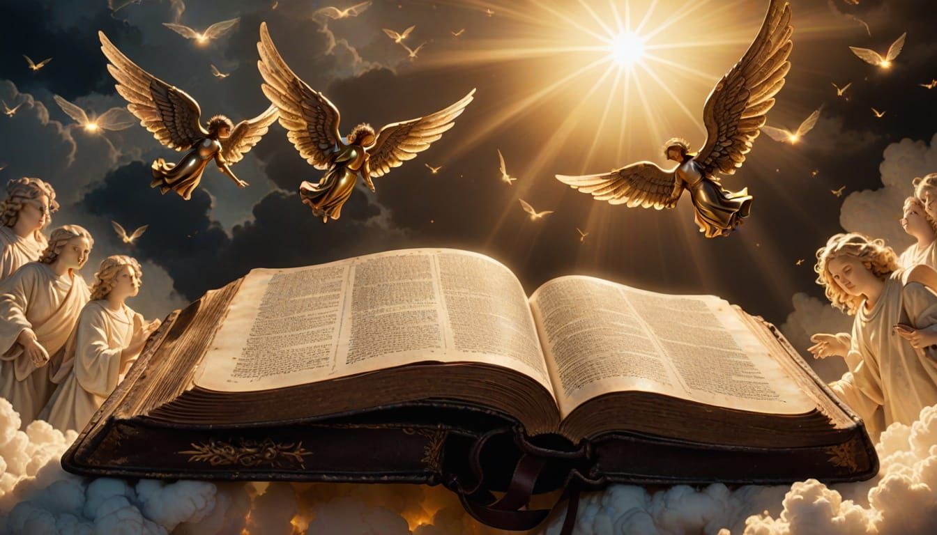 Ancient Bible with Radiant Angels in Sunlit Clouds