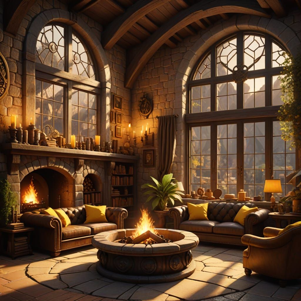 Cozy Hogwarts Hufflepuff Common Room in Warm Golden Light