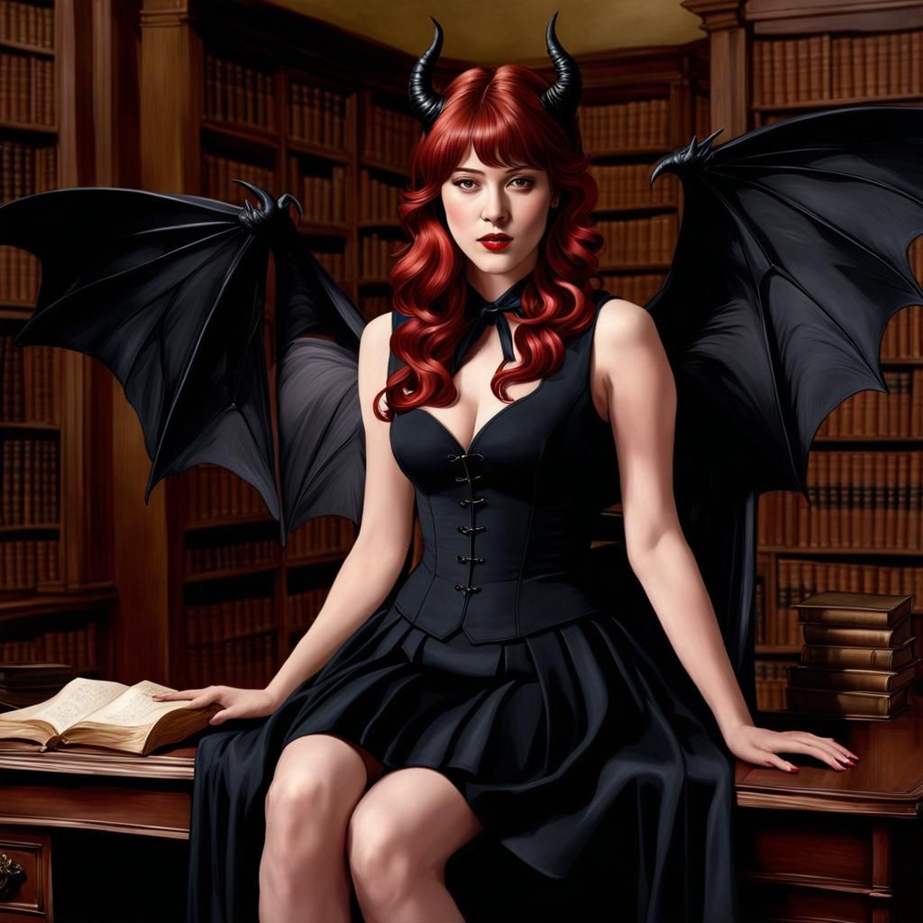 Devil Girl in Arcane Library, Pen and Ink Art