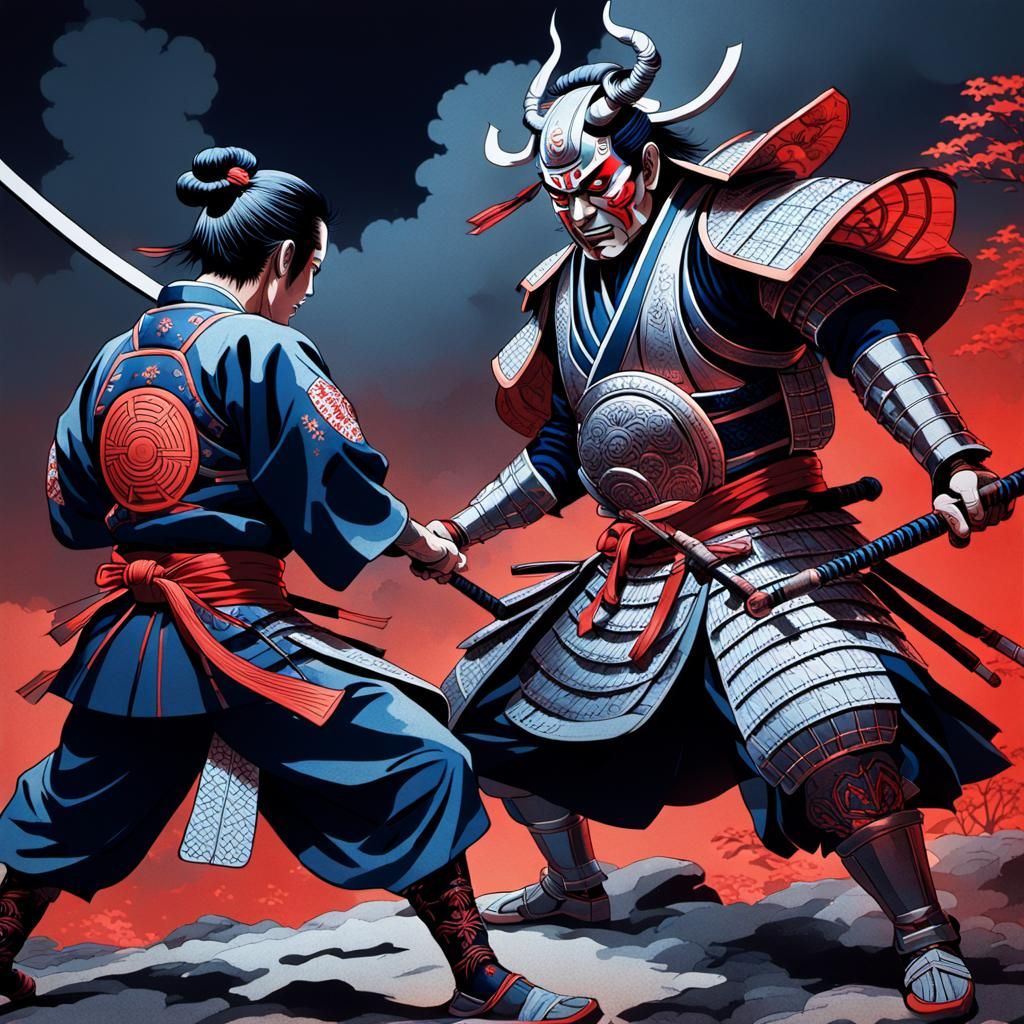 Samurai Defending Geisha from Oni Demon in Ukiyo-e Style