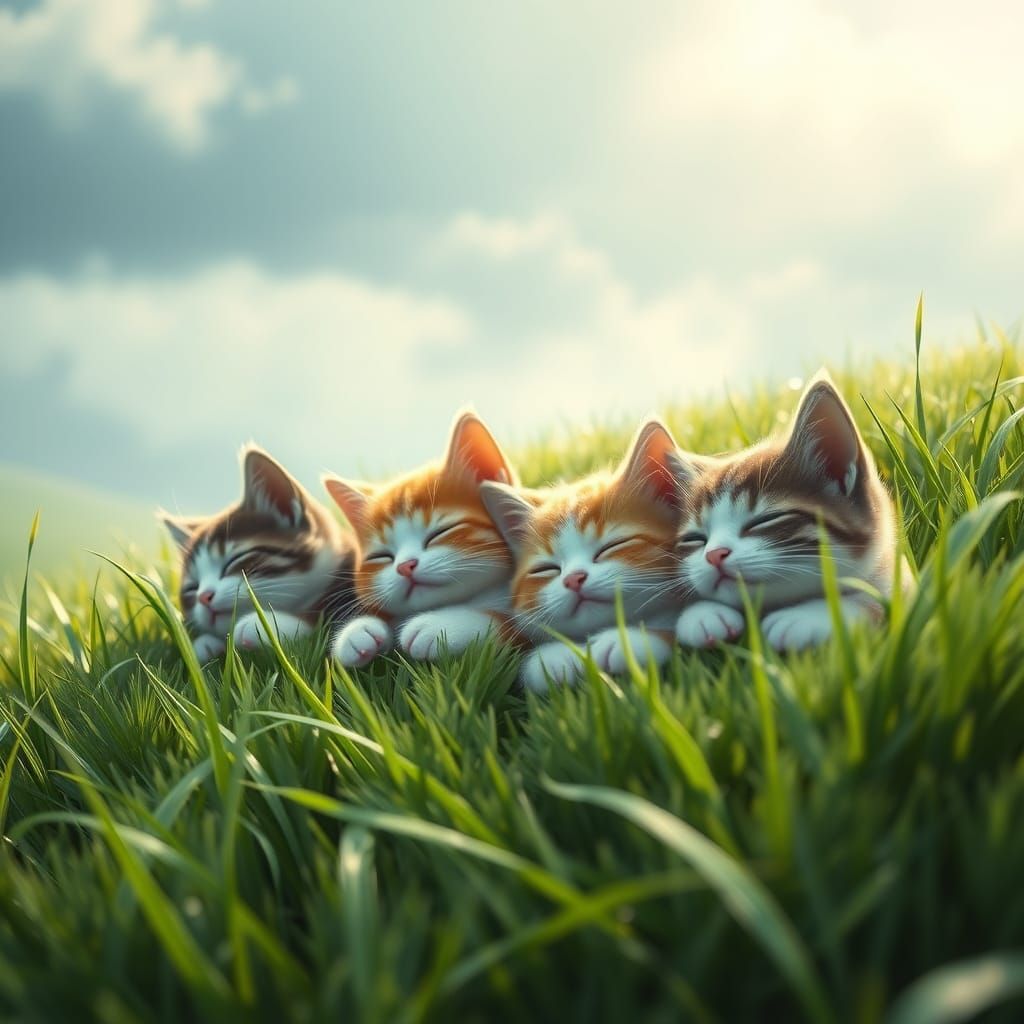 Whimsical Cats in a Dreamy Emerald Valley