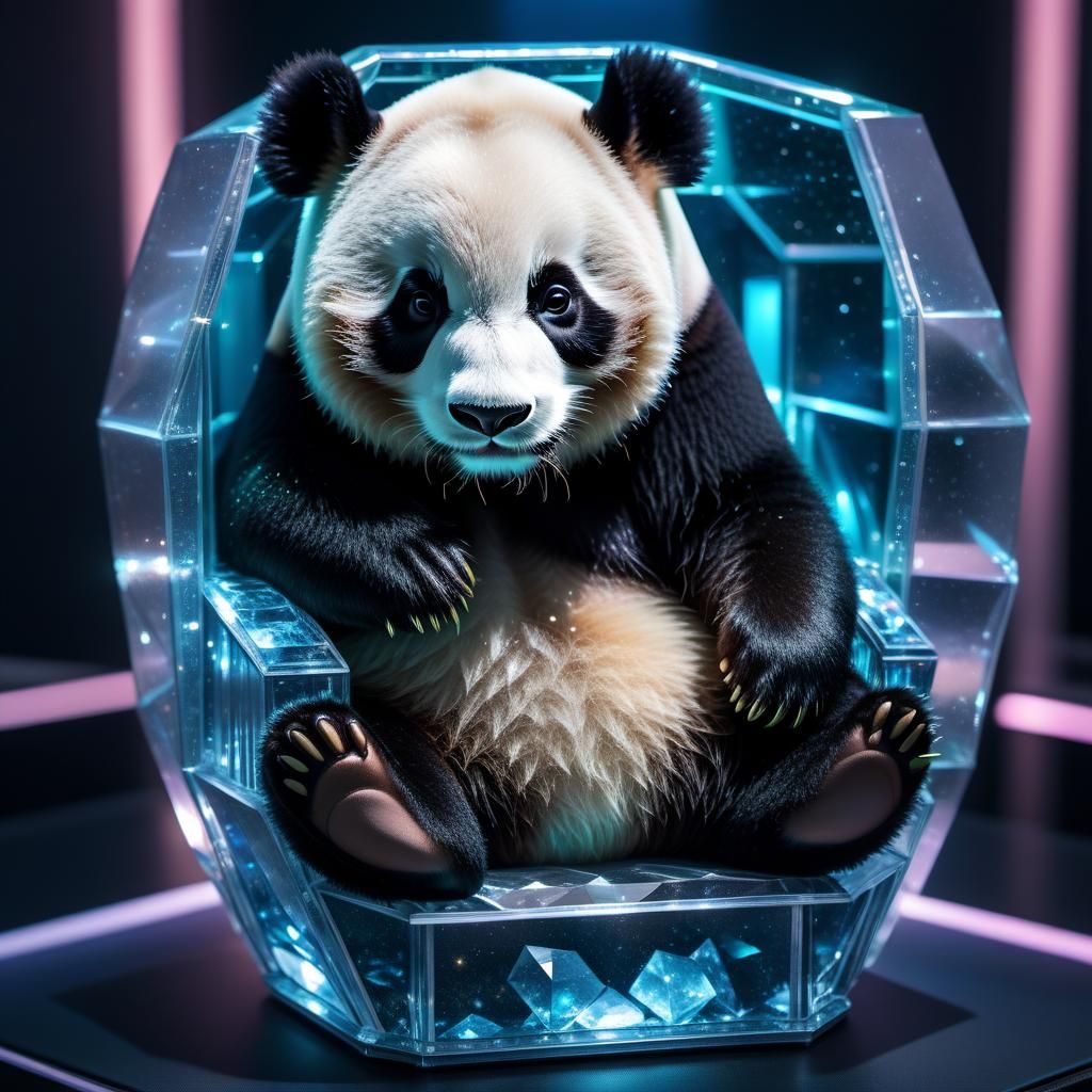 Cute Panda in Crystal Chair: Hyperrealistic Bioluminescence