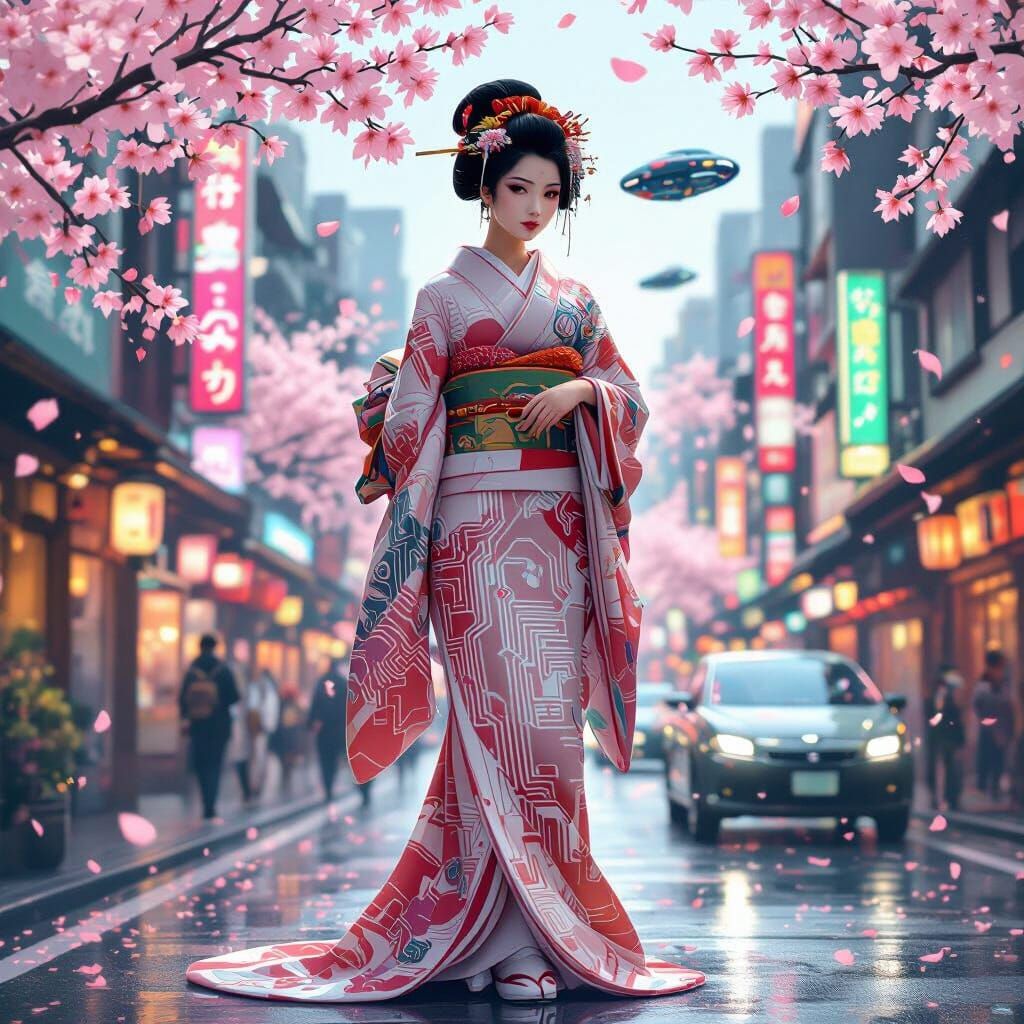 Geisha in Cyberpunk Tokyo with Art Nouveau Influences
