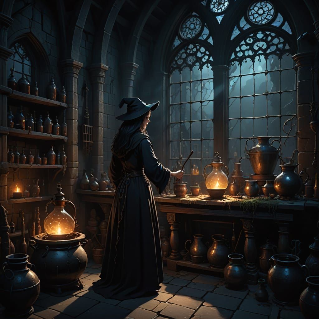 Mysterious Witch Brews Potion in Gothic Lab