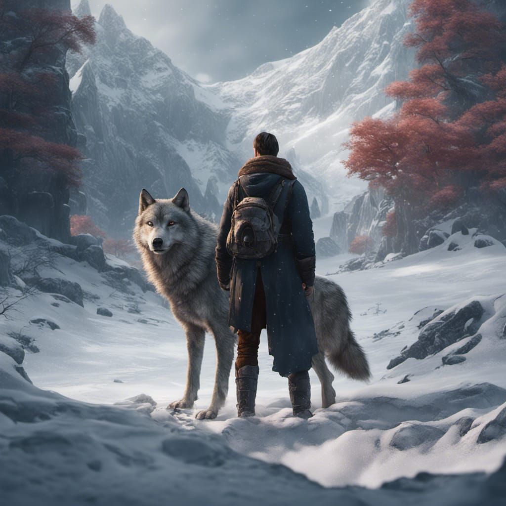 Human and Wolf in Snowy Fantasy Landscape