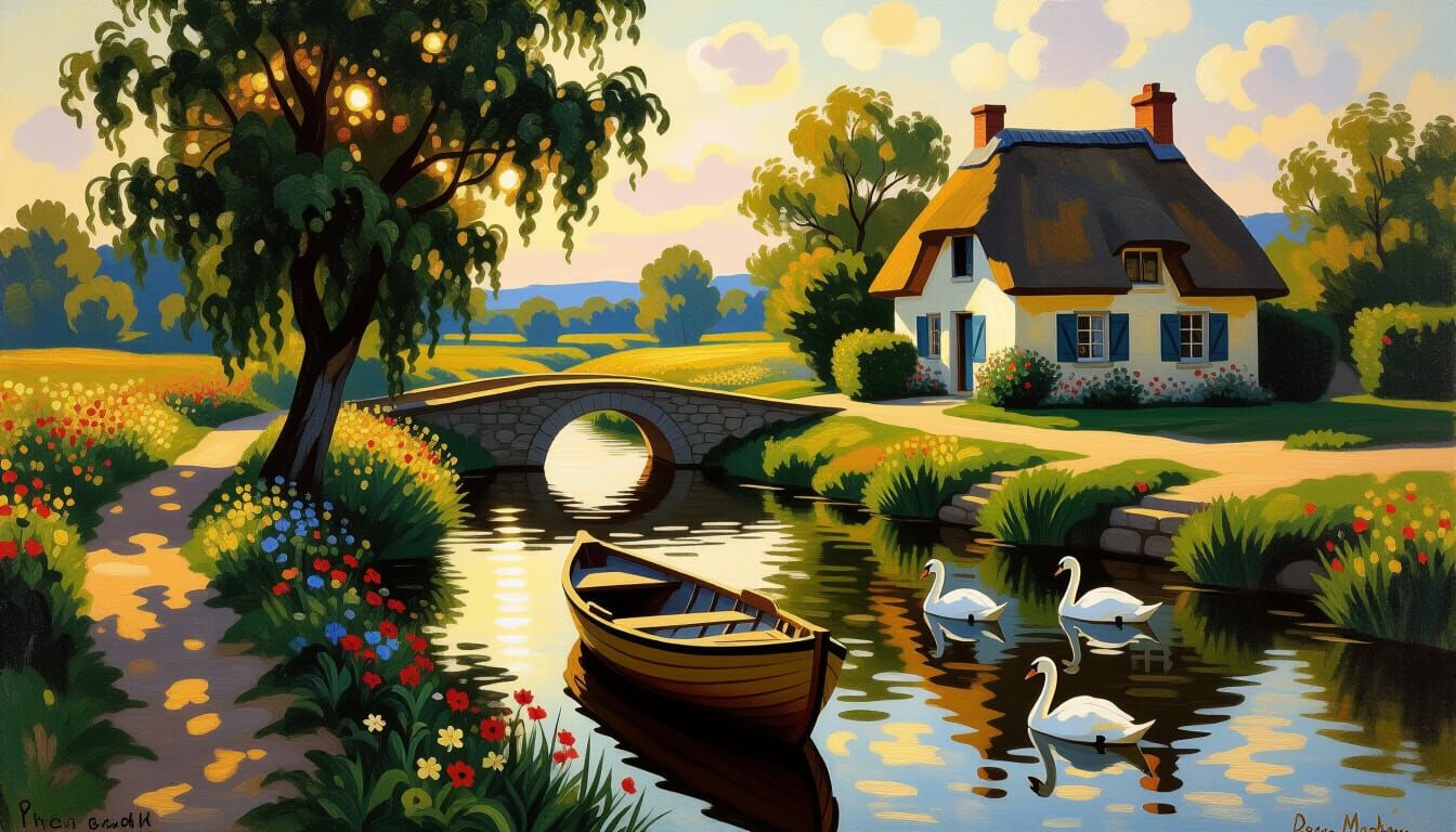 Impressionist Woodland Garden at Sunset