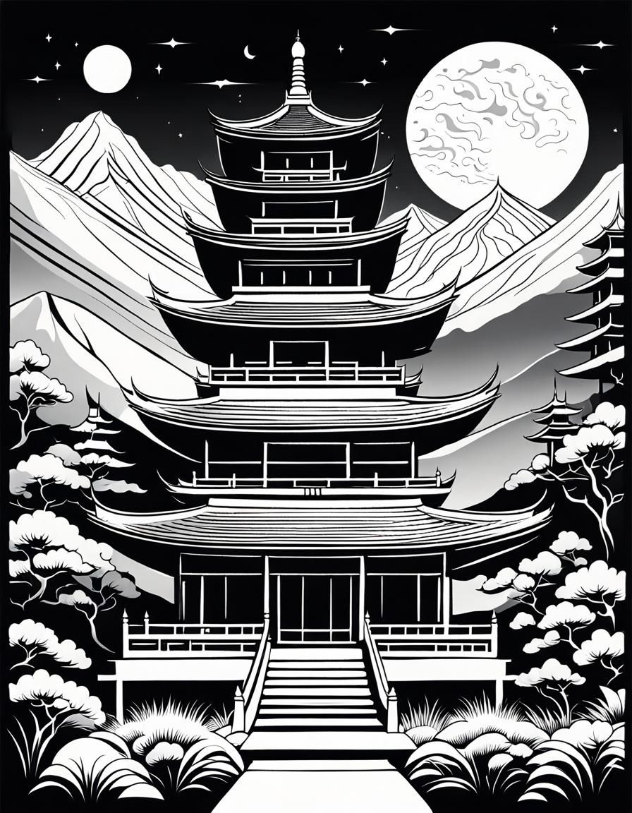 Ornate Chinese Pagoda Coloring Page in Black Ink