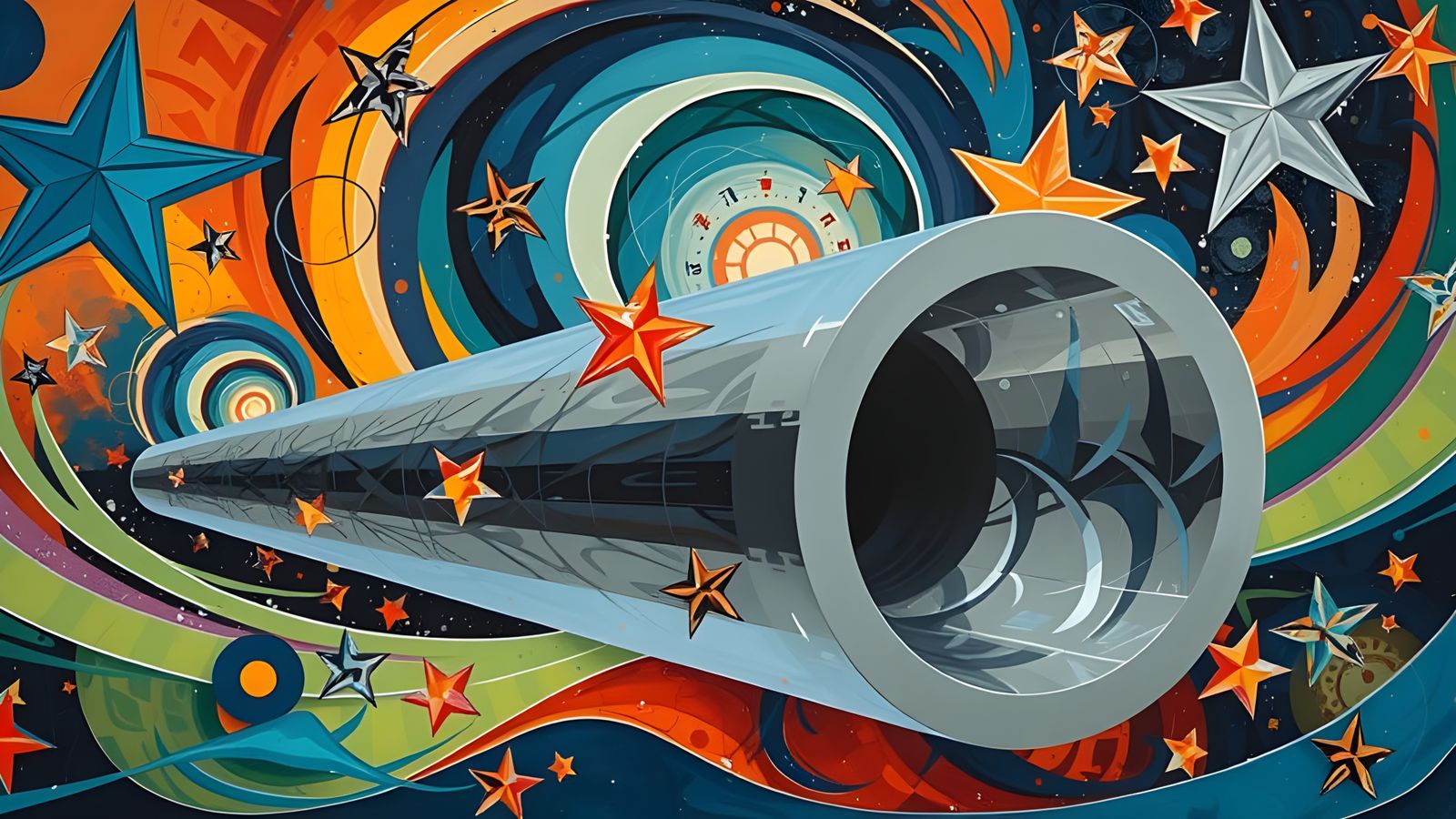 Sleek, Metallic Cosmic Vortex in Vibrant, Whimsical Colors