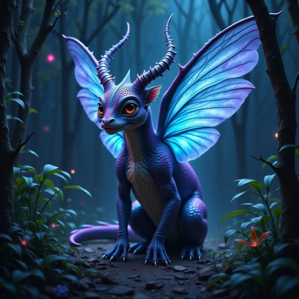 Fantastical Creature in Bioluminescent Forest