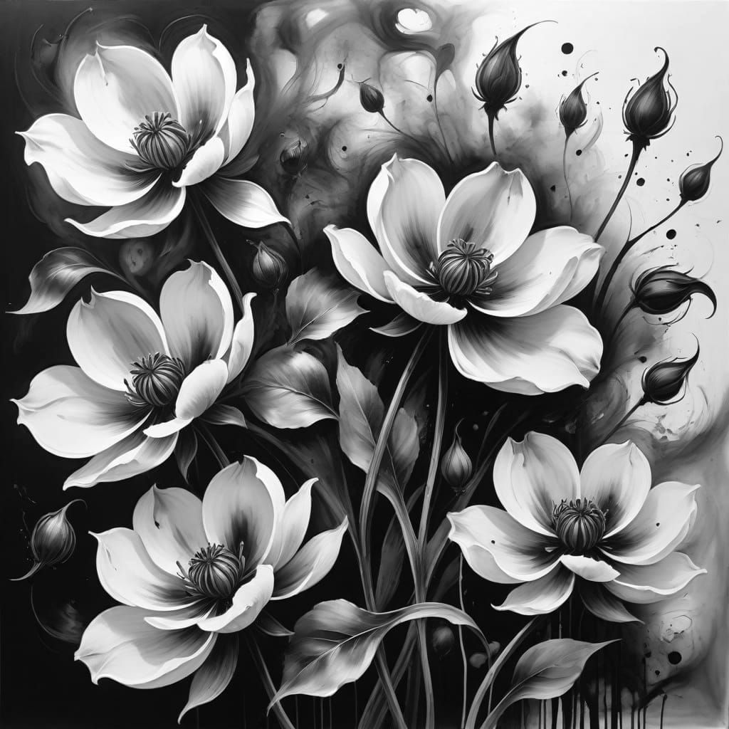 Abstract Charcoal Blooms: Flowing Formless Thoughts