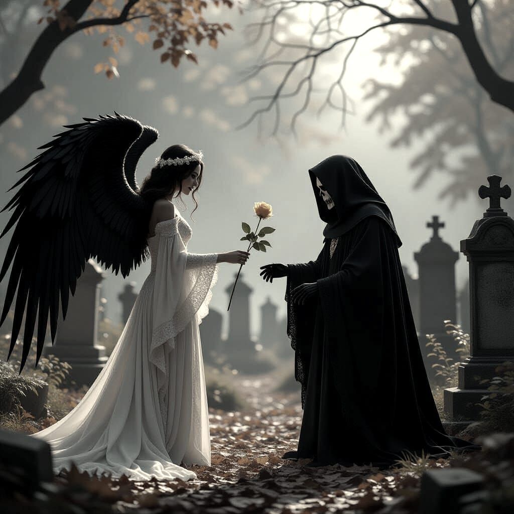 Angel and Grim Reaper in Autumn Graveyard