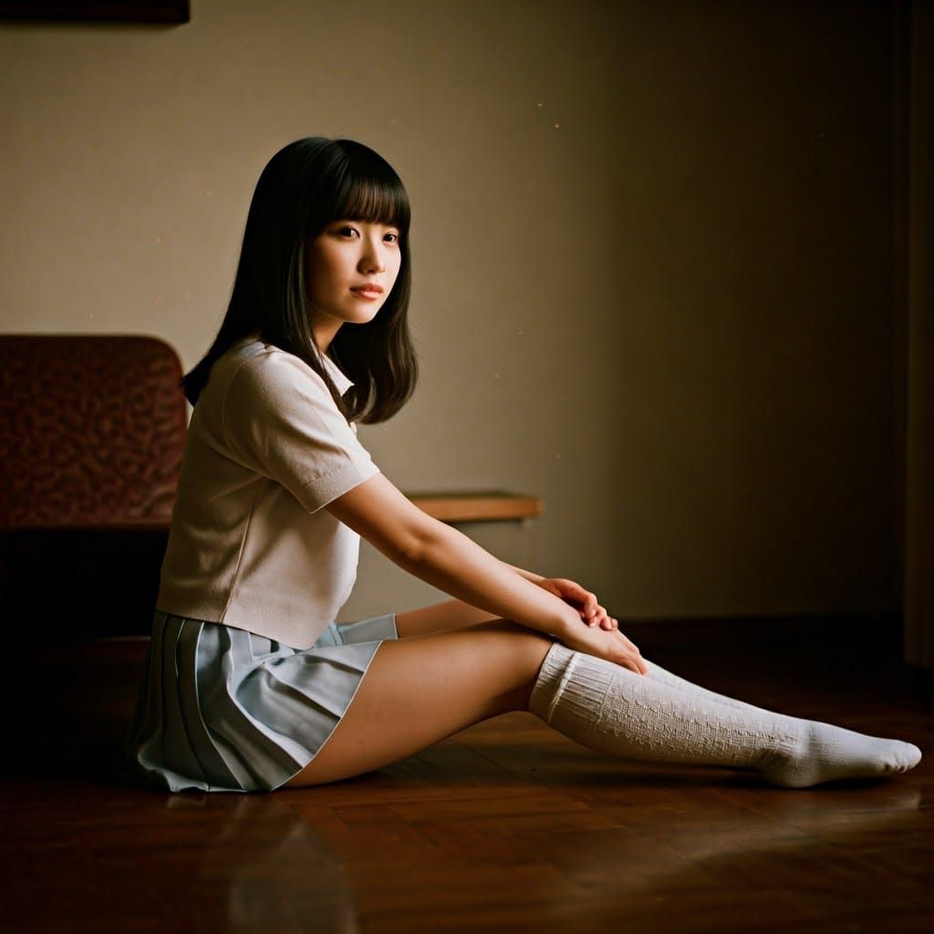 Young Japanese Woman in Serene Cozy Living Room