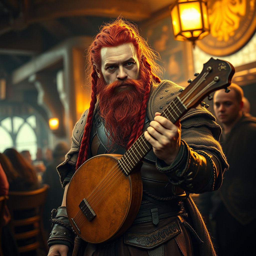 Heroic Dwarf Bard in Bustling Tavern