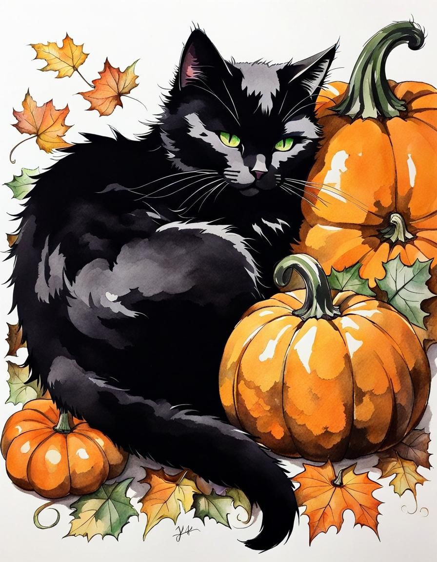 Cute Black Cat Napping on Pumpkin in Ink Style