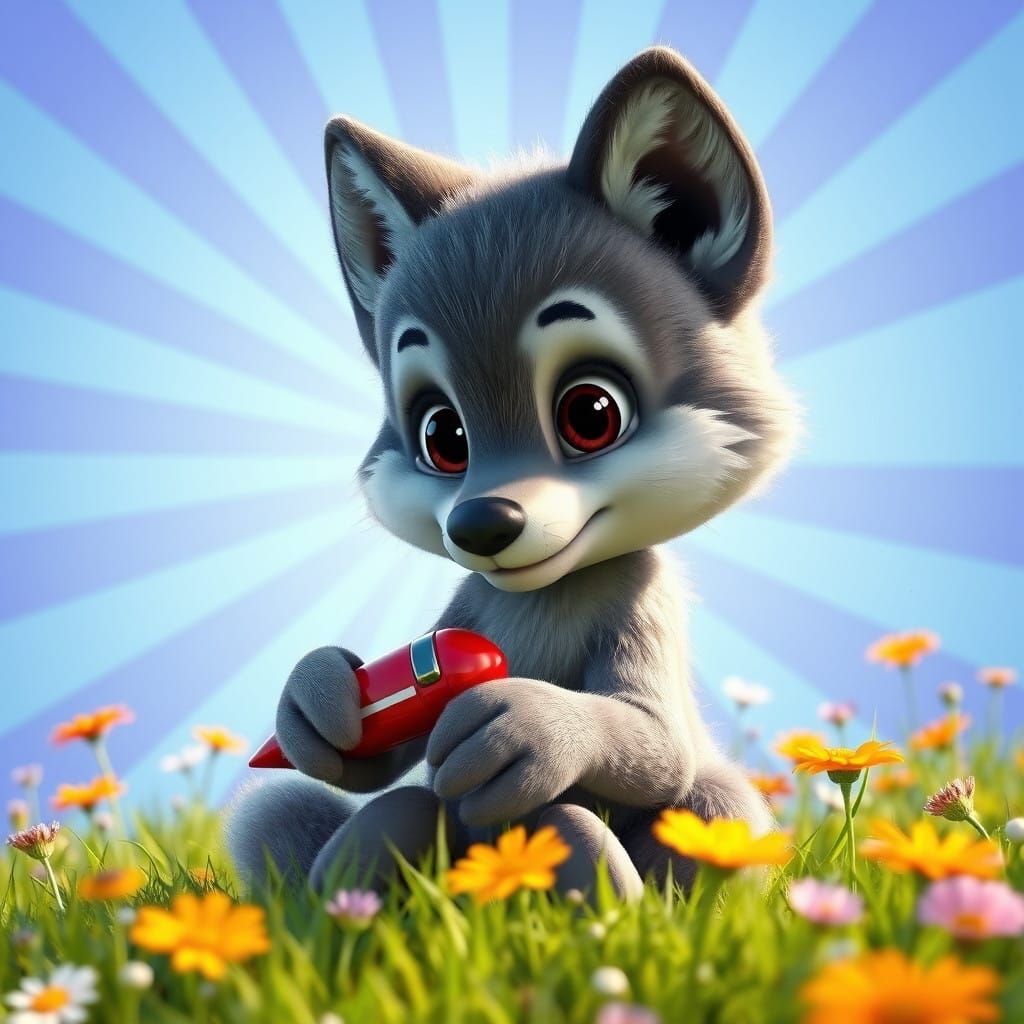 Pixar-Inspired Baby Wolf Plays with Red Space Toy in Vibrant...