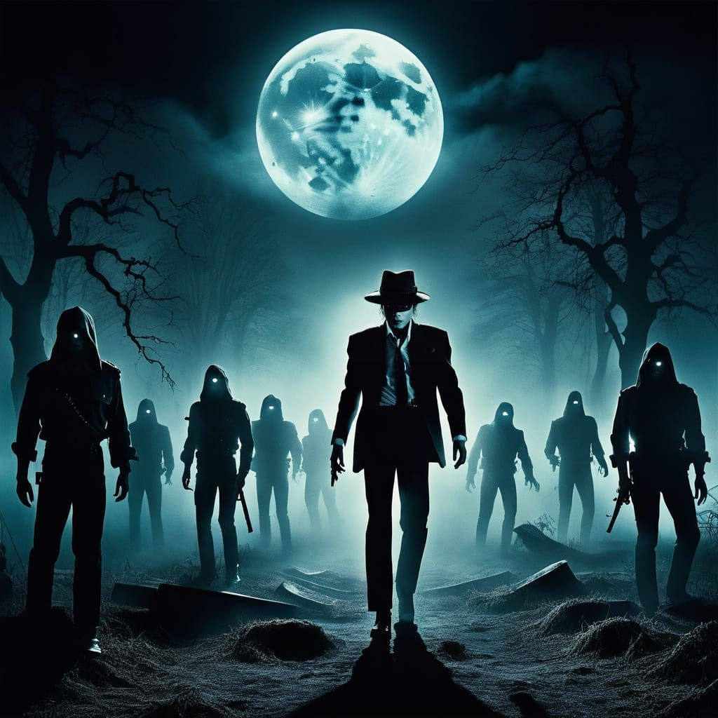 Thriller Dance in a Foggy Graveyard at Night, in a Vintage O...